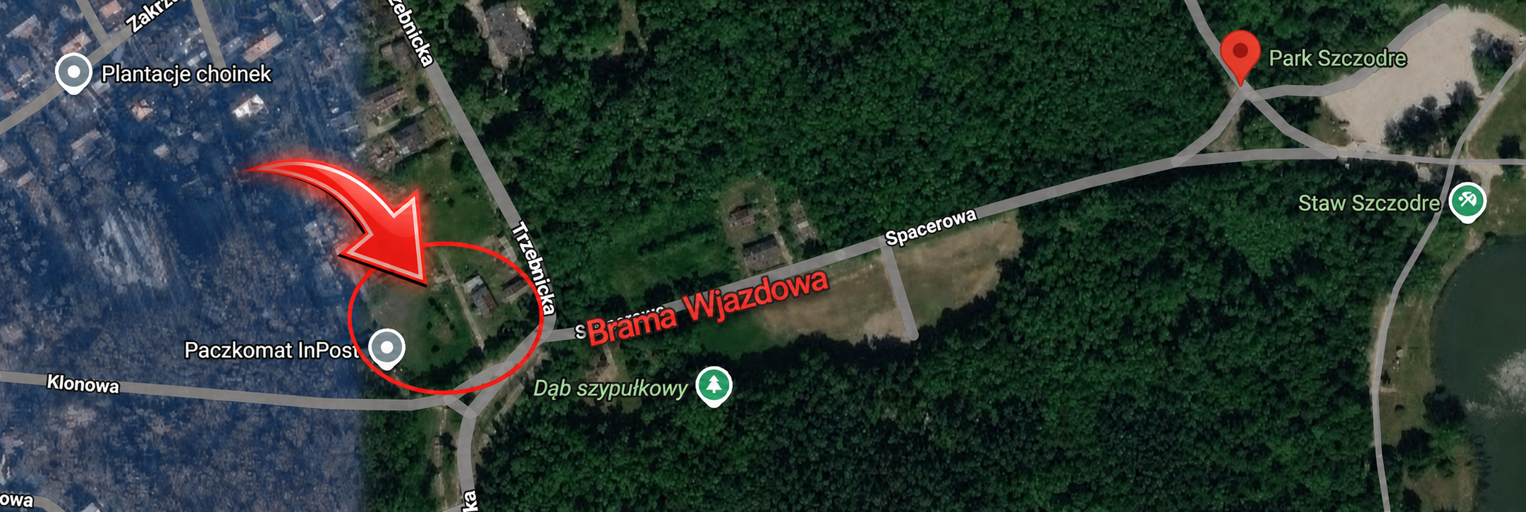 Mapa dojazdu do Spacerowej Strefy Chilloutu z oznaczoną Bramą Wjazdową